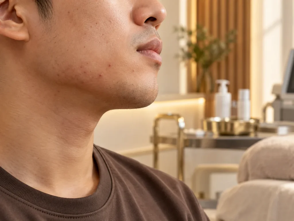 Mild breakout on the jawline in side light