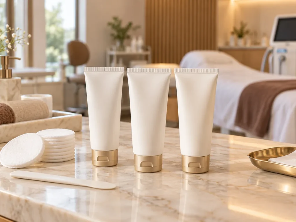 Unlabelled topical gel tubes with cotton pads and a spatula