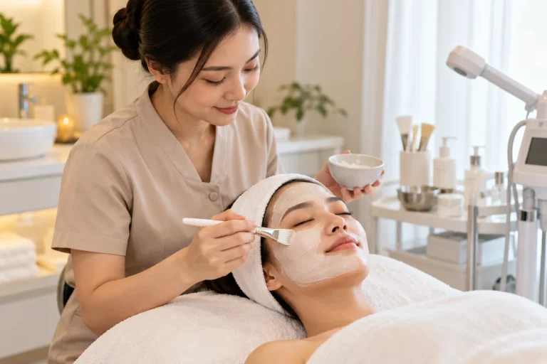 Aesthetician applying a face mask to a client