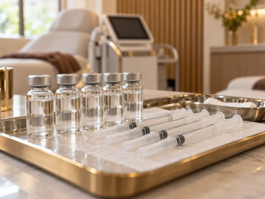 Small clear vials and capped syringes laid out on a tray