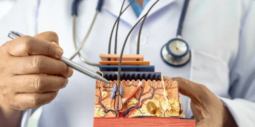 Asian dermatologist doctor holding skin structure 600nw