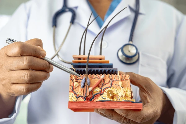 Asian dermatologist doctor holding skin structure 600nw