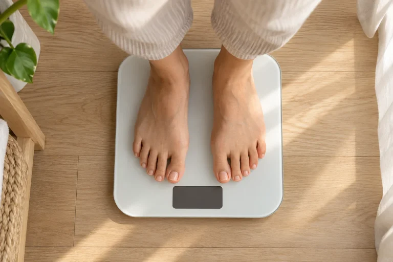 Bare feet standing on a digital bathroom scale