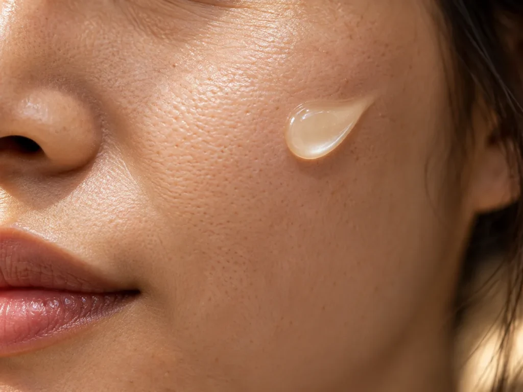 Healthy cheek skin with a single droplet of pearl gel