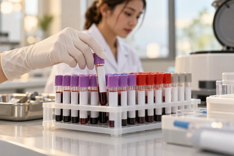 Blood sample tubes in a rack on a clean lab bench