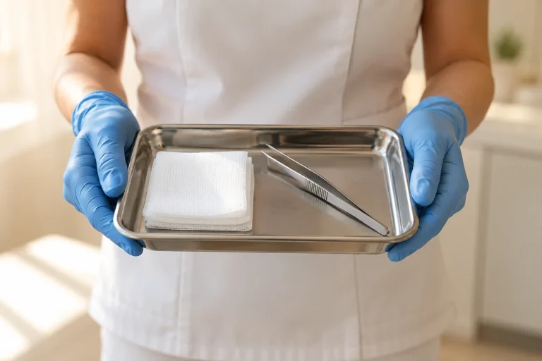 Blue-gloved hands holding a sterile instrument tray