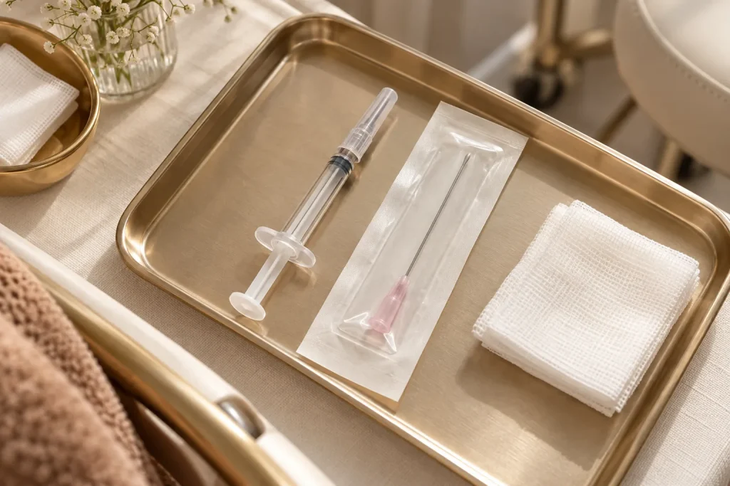 Capped syringe and blunt cannula laid out on a sterile tray
