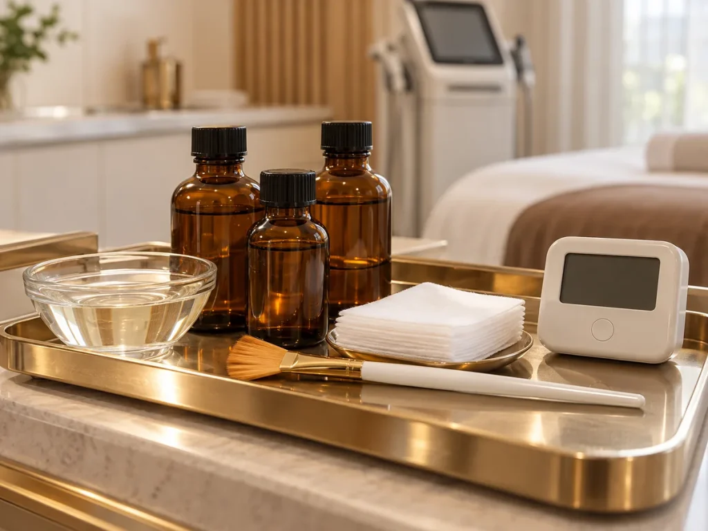 Unlabelled peel bottles, gauze and a timer on a tray