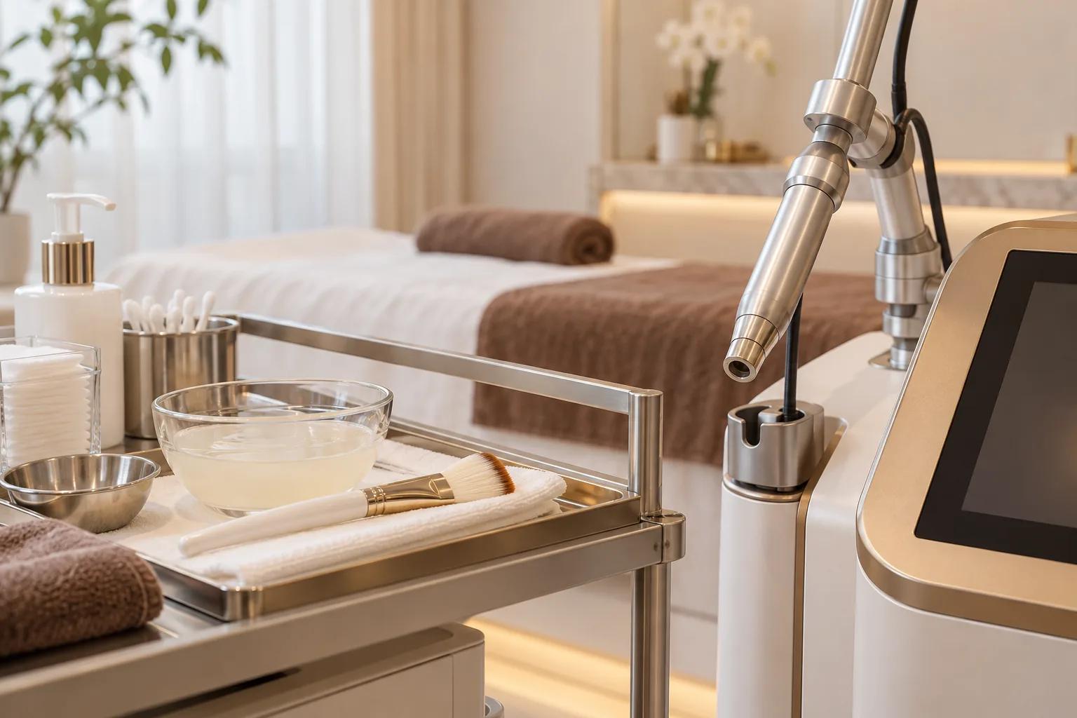 Treatment trolley with a peel bowl and brush beside a laser handpiece