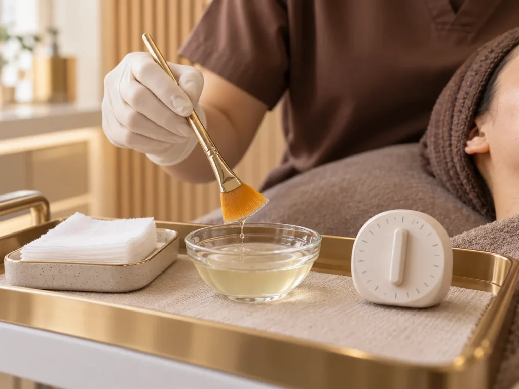 Fan brush and bowl of peel solution on a treatment tray beside a patient