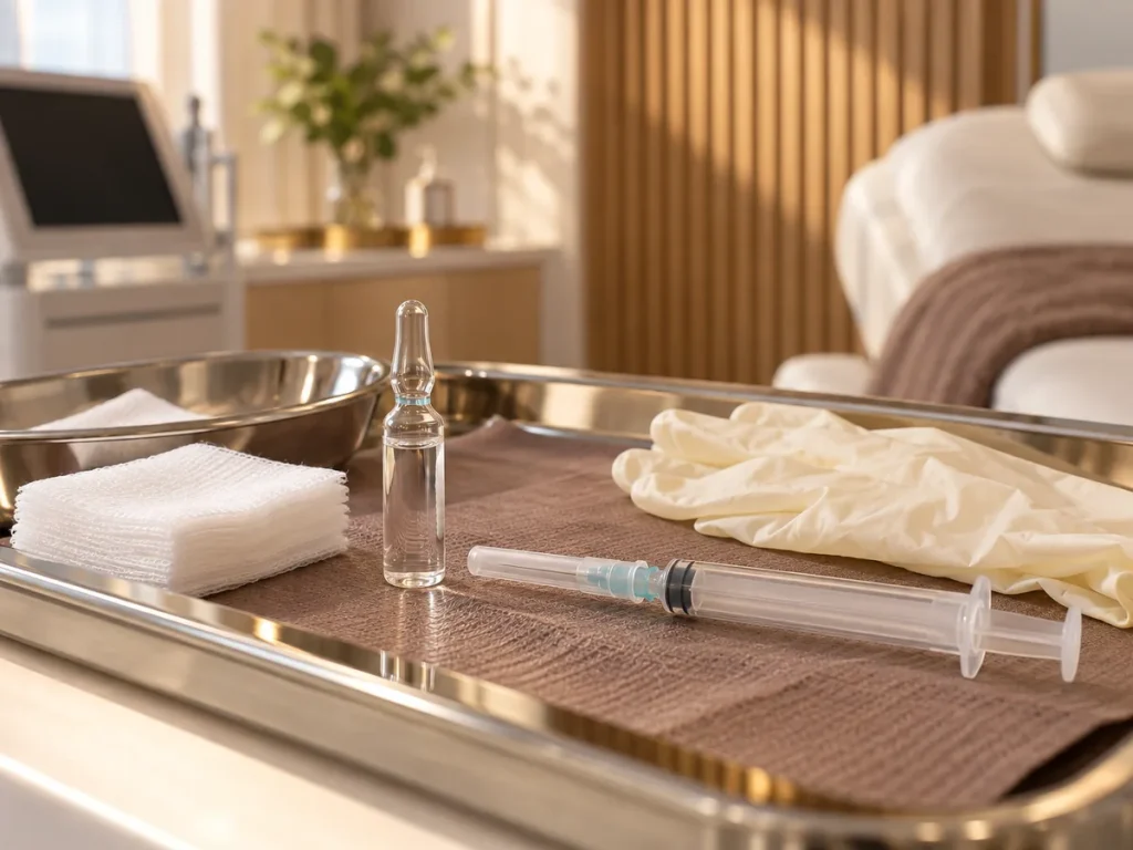 Local anaesthetic ampoule, gloves and a capped syringe on a tray