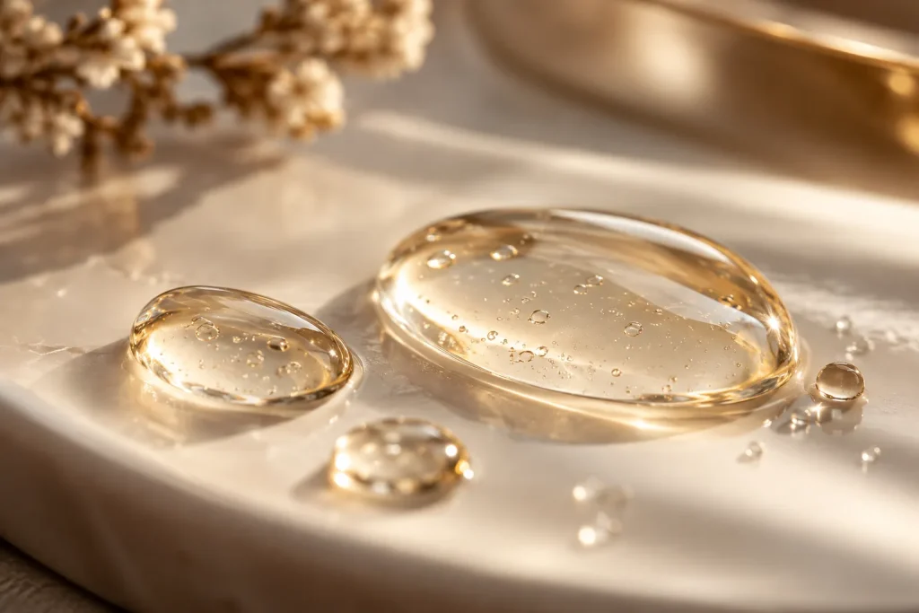 Macro of clear glossy gel droplets on an ivory surface