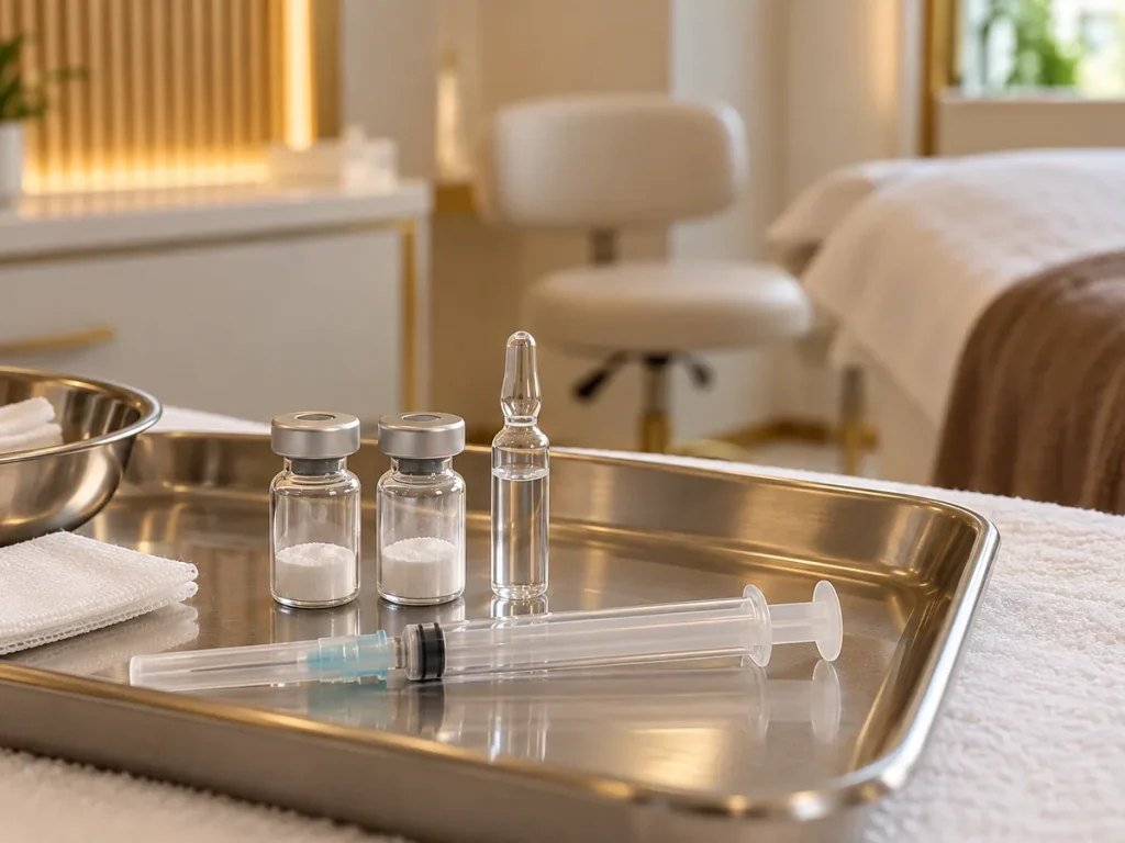 Two unlabelled biostimulator vials with saline and a capped syringe on a sterile tray