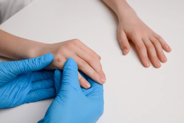 Dermatologist examining skin during a wart consultation