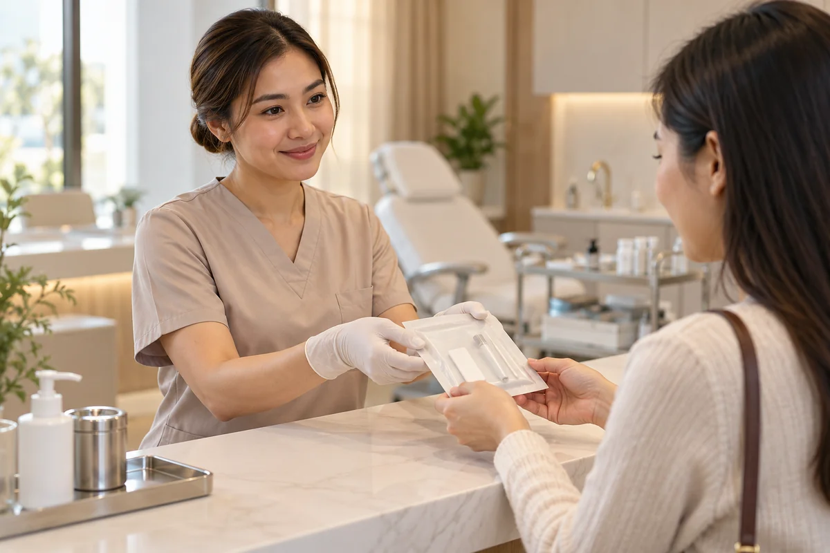 Discreet health test kit handed over at a clinic counter