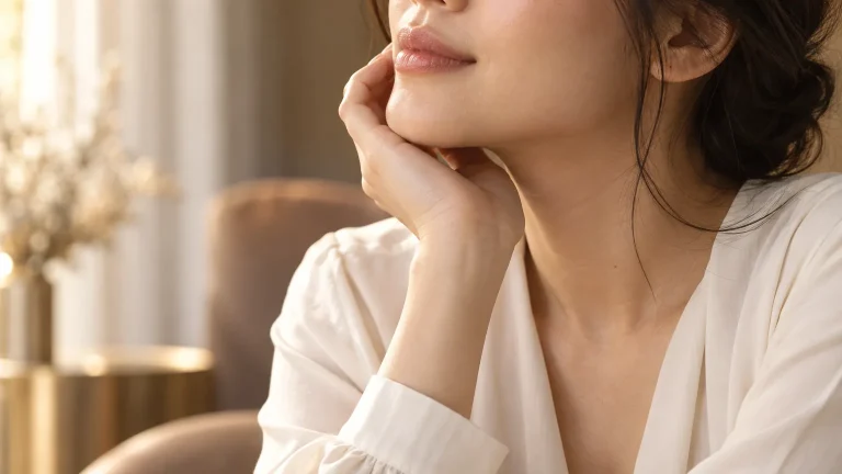 Hand resting on the jawline in soft light