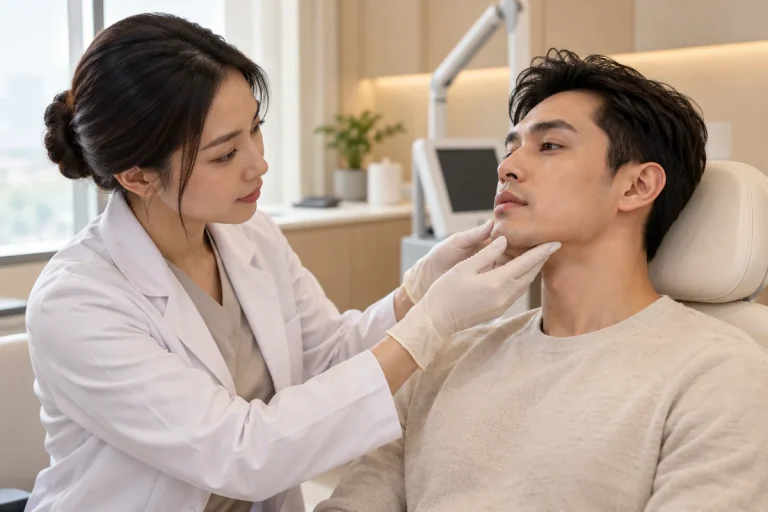 Medical professional examines male patient nose 600nw