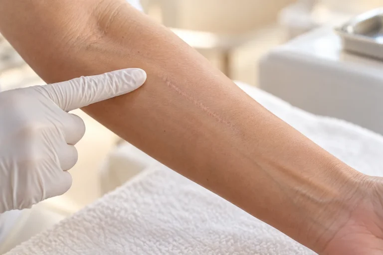 Doctor assessing a faint healed scar on the forearm