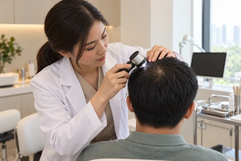 Doctor examining a patient's scalp with a dermatoscope