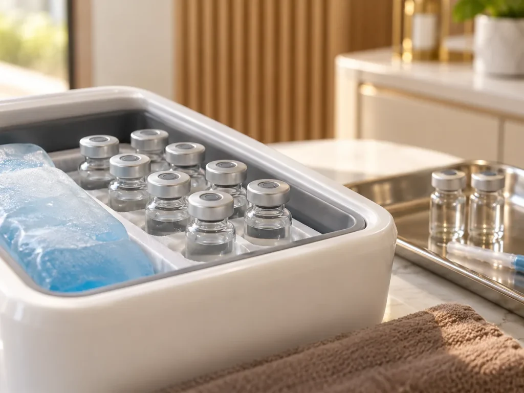 Sealed vaccine vials in a cold-chain tray with an ice pack