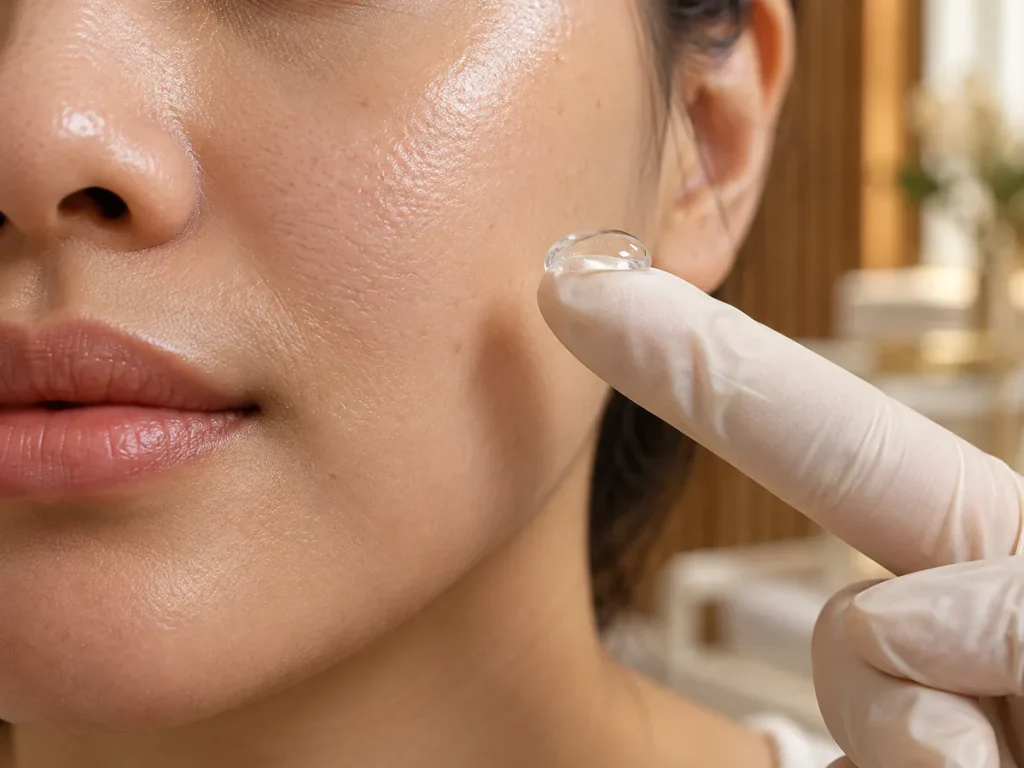 Dewy cheek skin with a bead of clear hyaluronic gel on a gloved fingertip
