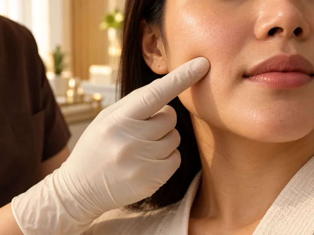 Fingertip pressing a cheek to show skin bounce and hydration