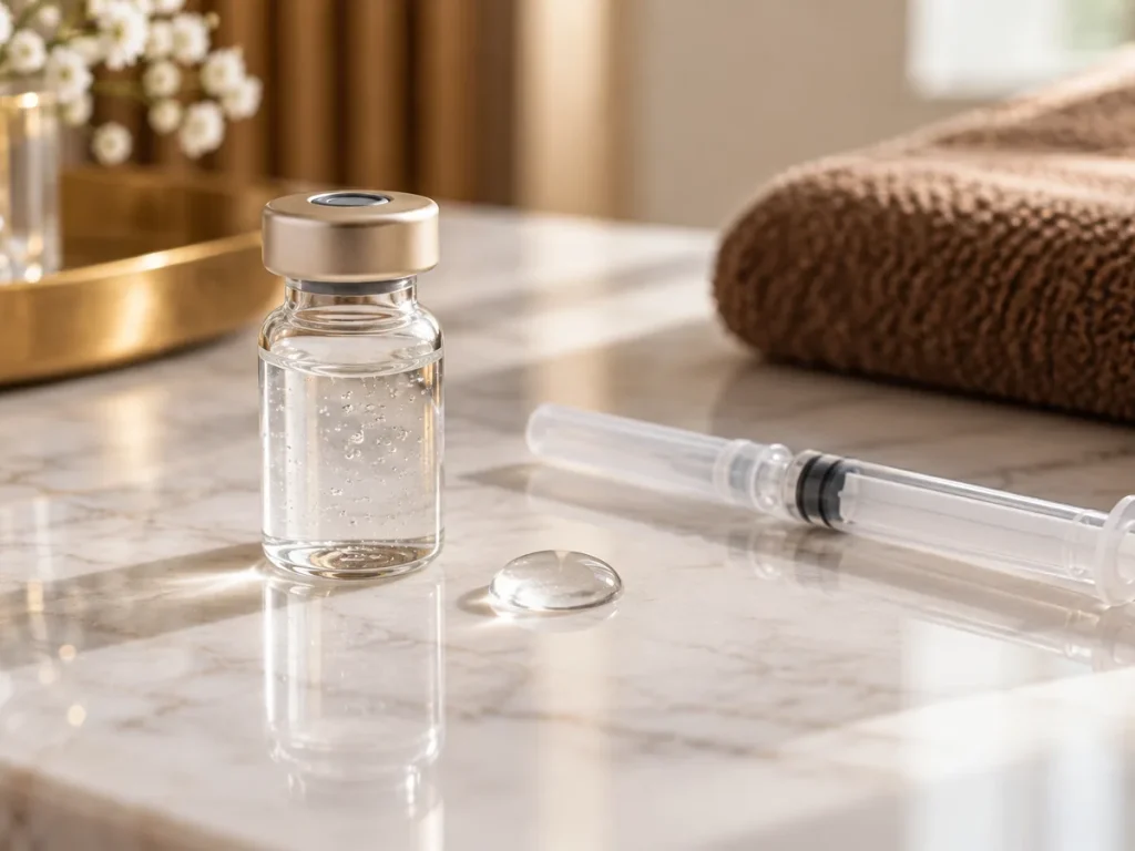 Hyaluronic acid vial and capped micro-syringe on marble with a water droplet
