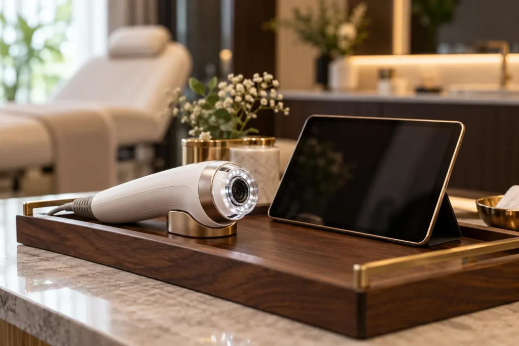 Handheld scalp analysis camera resting on a walnut tray