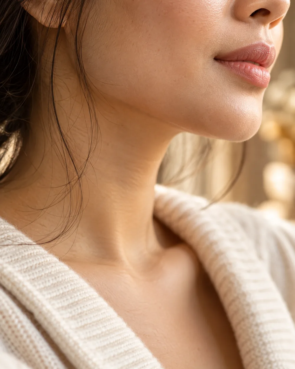 Close-up of natural skin texture on a cheek in side light
