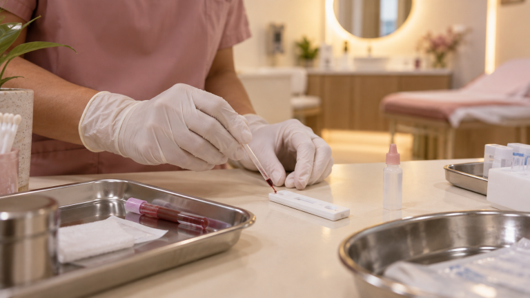 Clinician preparing a confidential HIV blood test in a private clinic