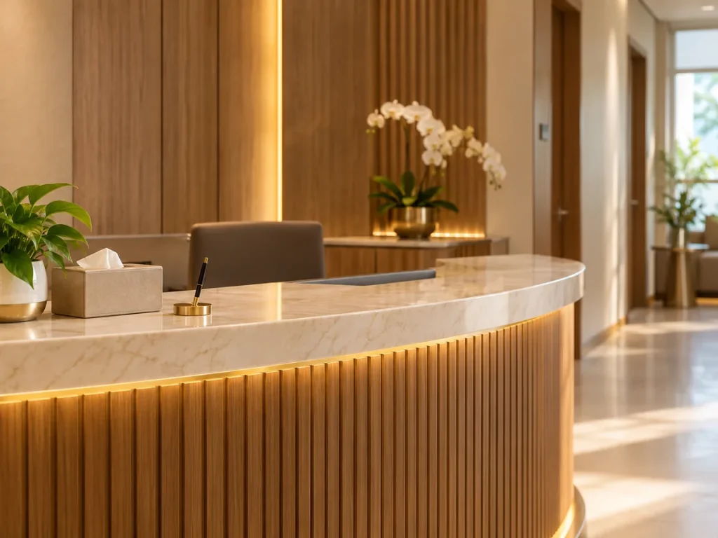 Discreet reception desk with a plant and a tissue box