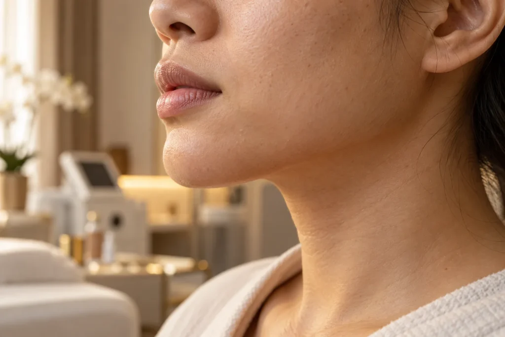 Close-up profile of lips, chin and jawline with natural skin
