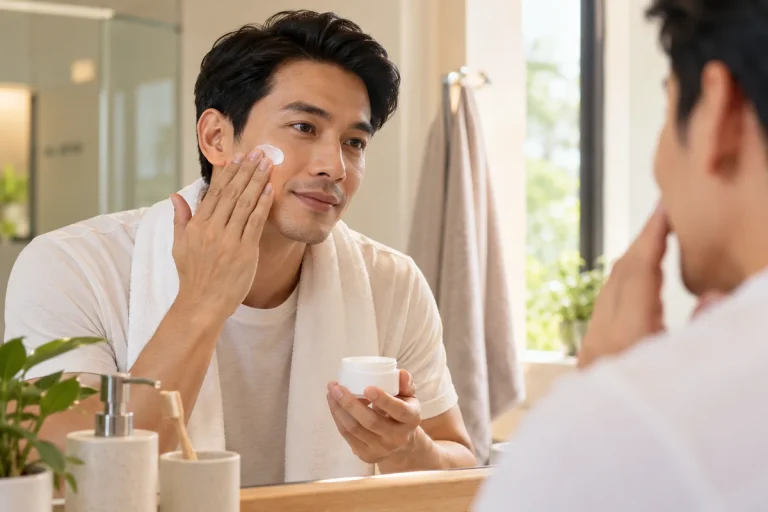 Man applying moisturiser as part of his skincare routine