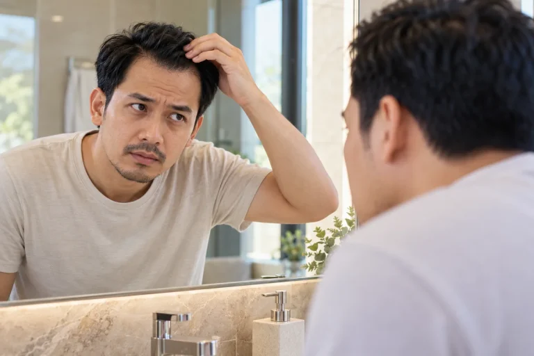 Man checking his hairline in the mirror