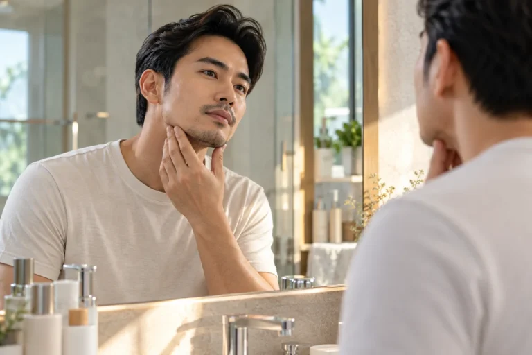 Thinking skincare natural beauty man studio 600nw