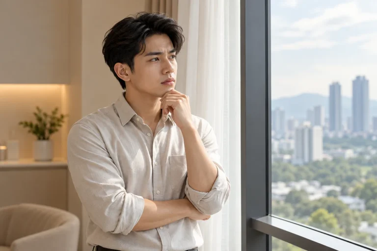Thoughtful man standing by a window