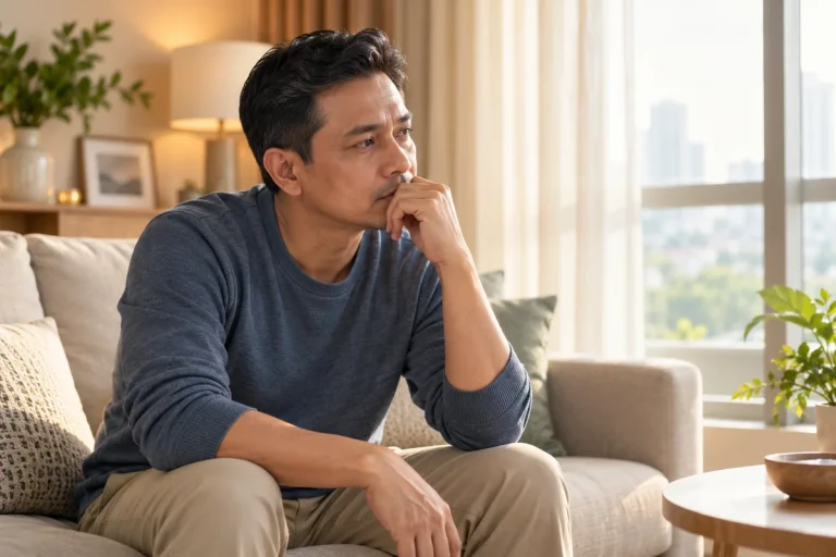 Middle-aged man sitting on a sofa thinking