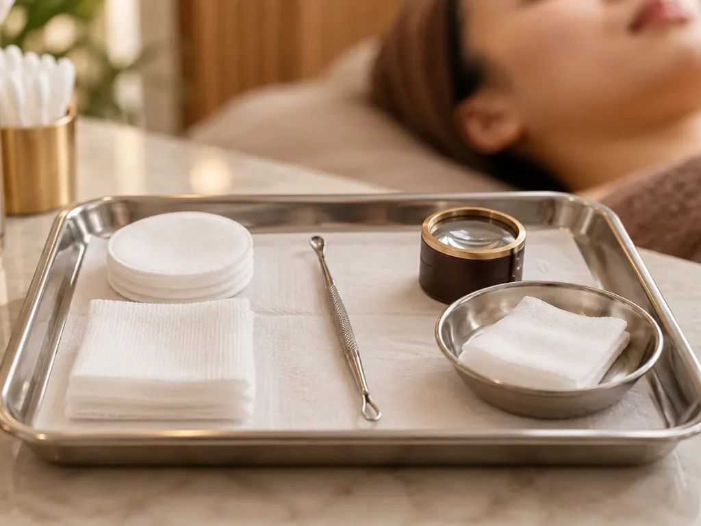 Fine extraction instrument and cotton pads on a sterile tray