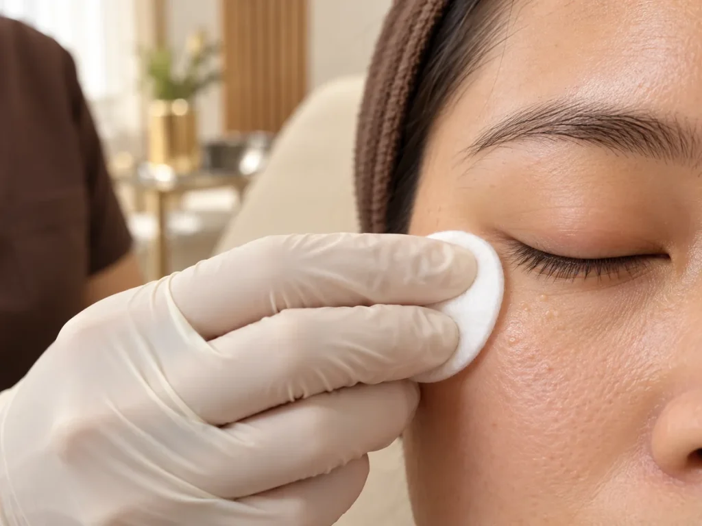 Under-eye skin being gently cleansed with a cotton pad