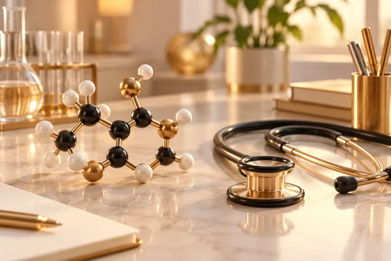 Molecular model beside a stethoscope on a desk