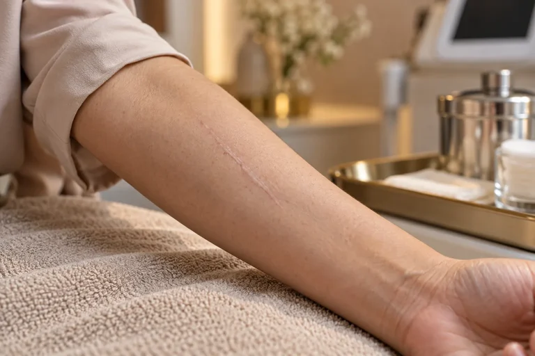 Close-up of a thin pale healed scar on a forearm