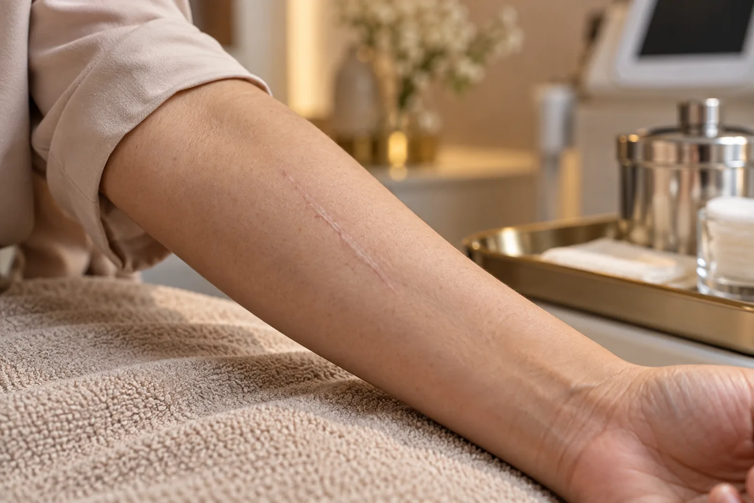 Close-up of a thin pale healed scar on a forearm