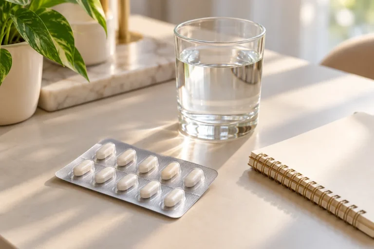 Oral medication tablets beside a glass of water on a desk