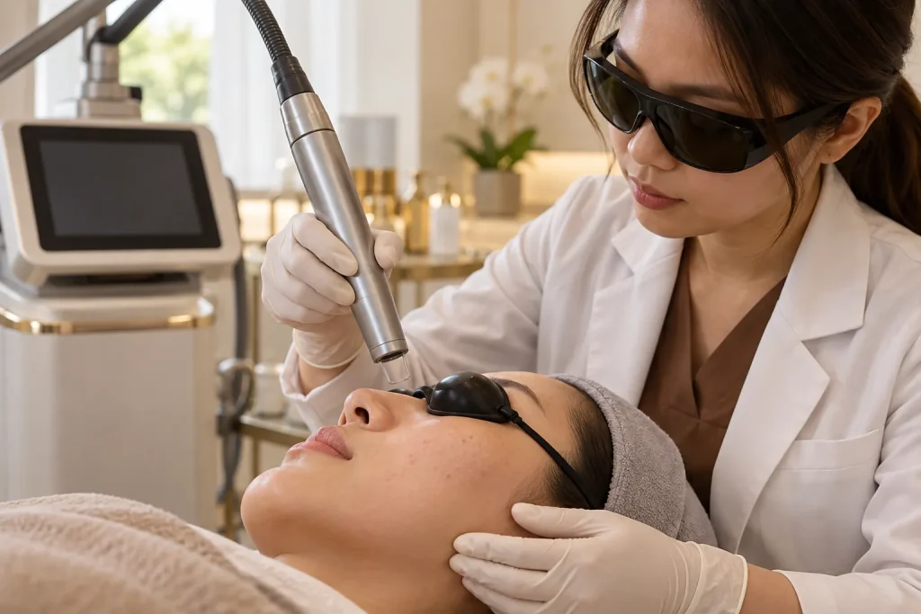Doctor holding a laser handpiece above a patient's cheek, both in protective eyewear