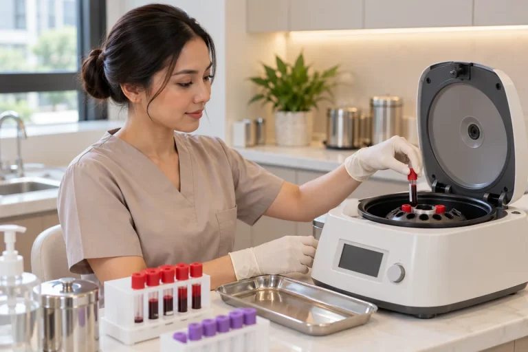 Centrifuge and blood tubes used to prepare PRP