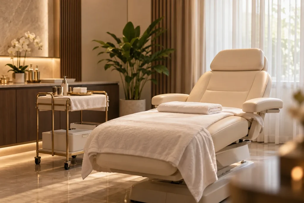 Quiet treatment room with a cream reclining chair and soft lighting