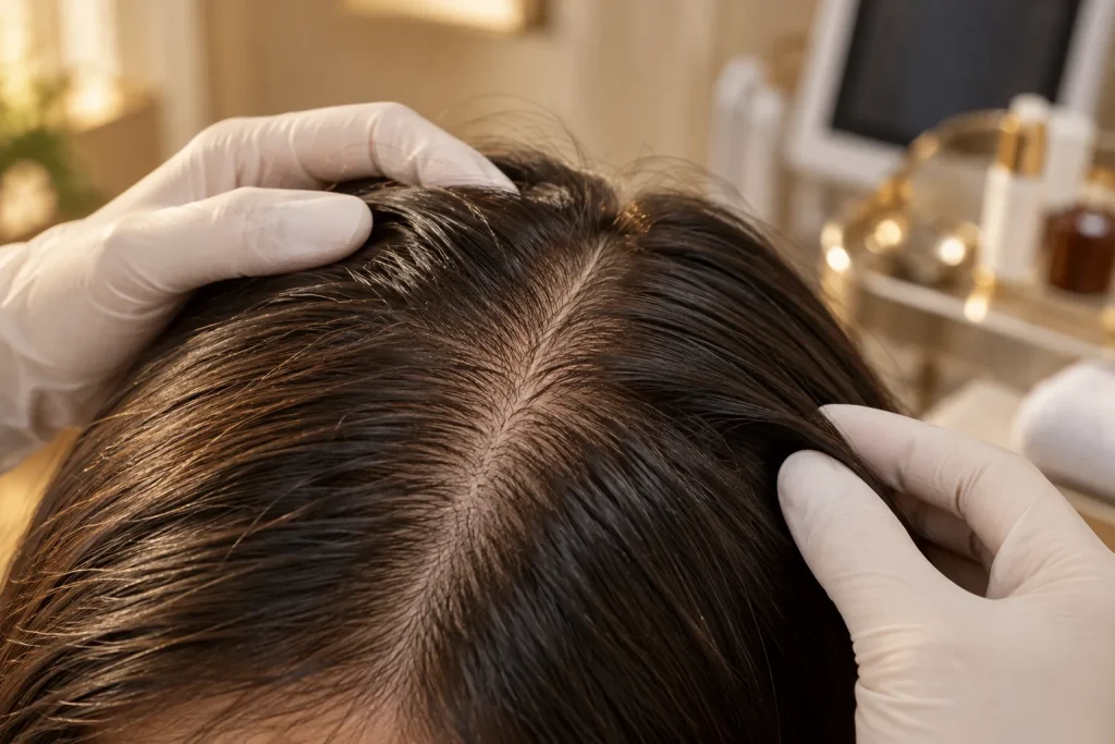 Macro of parted dark hair showing scalp lines and follicle density