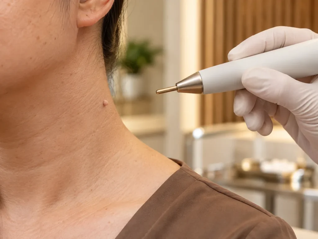Radiofrequency pen held near a small skin tag on the neck