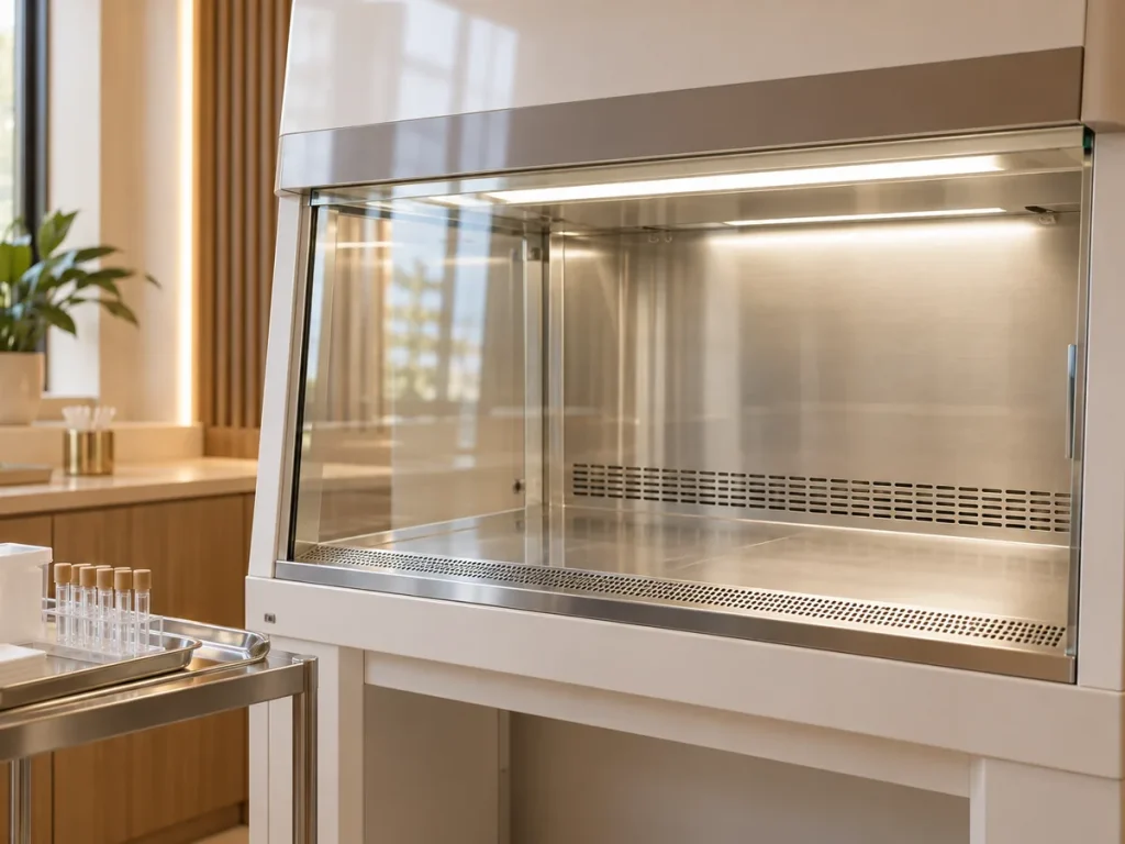 Biosafety cabinet glass with soft reflections