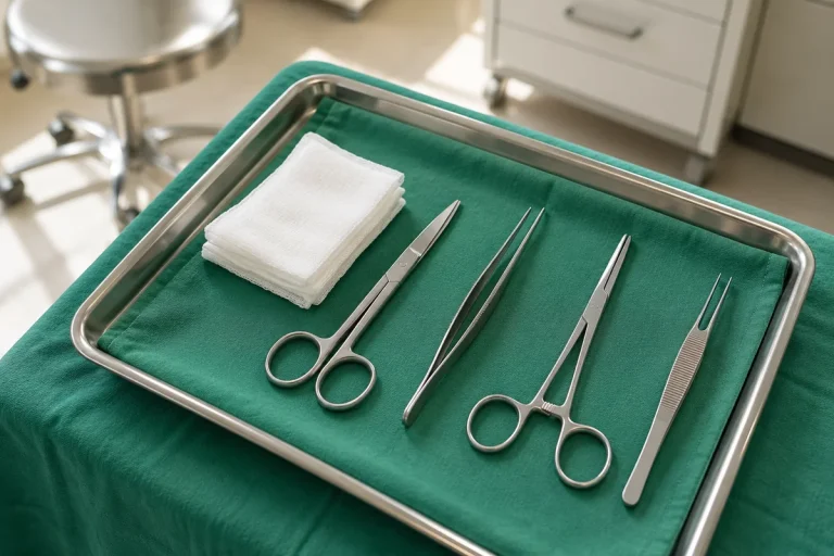 Sterile instruments arranged on a clean procedure tray